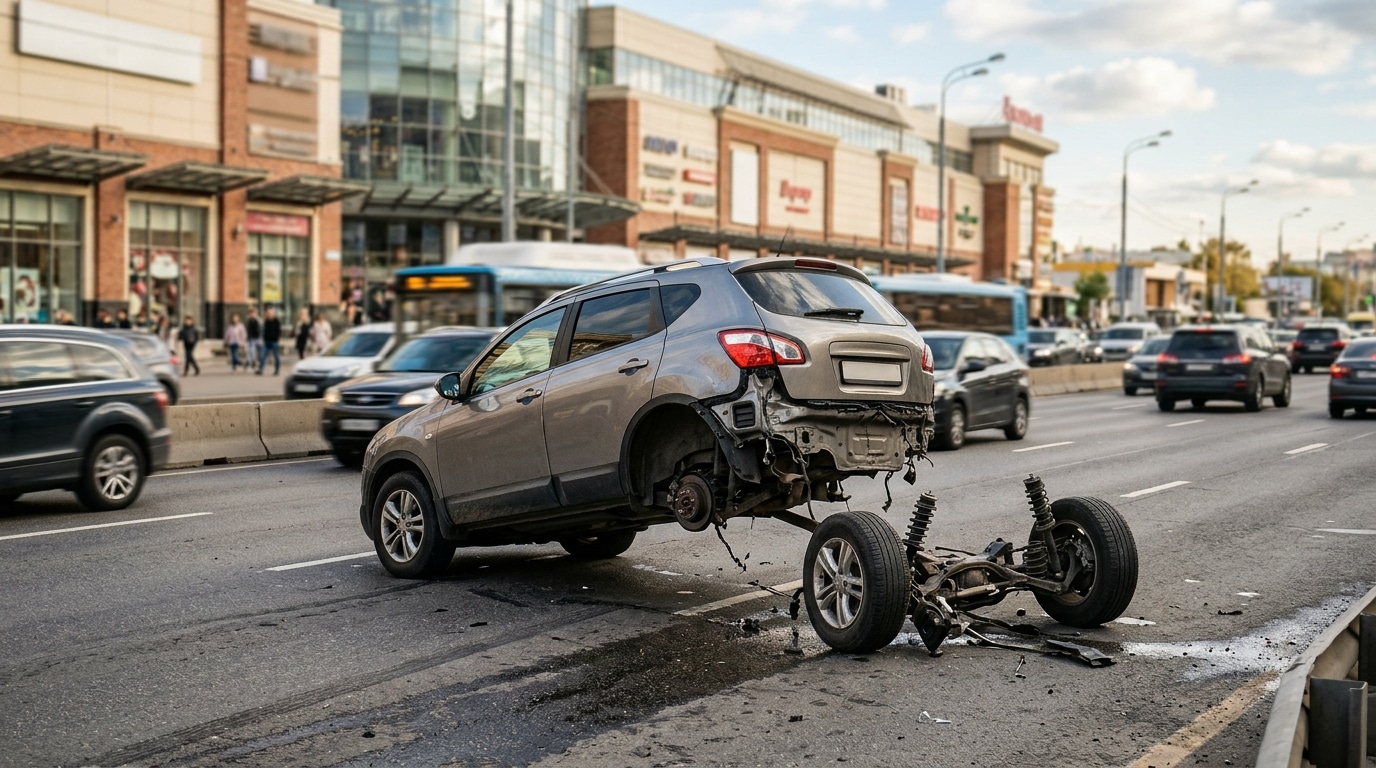 SUV posé sur sa caisse, essieu arrière arraché sur la route