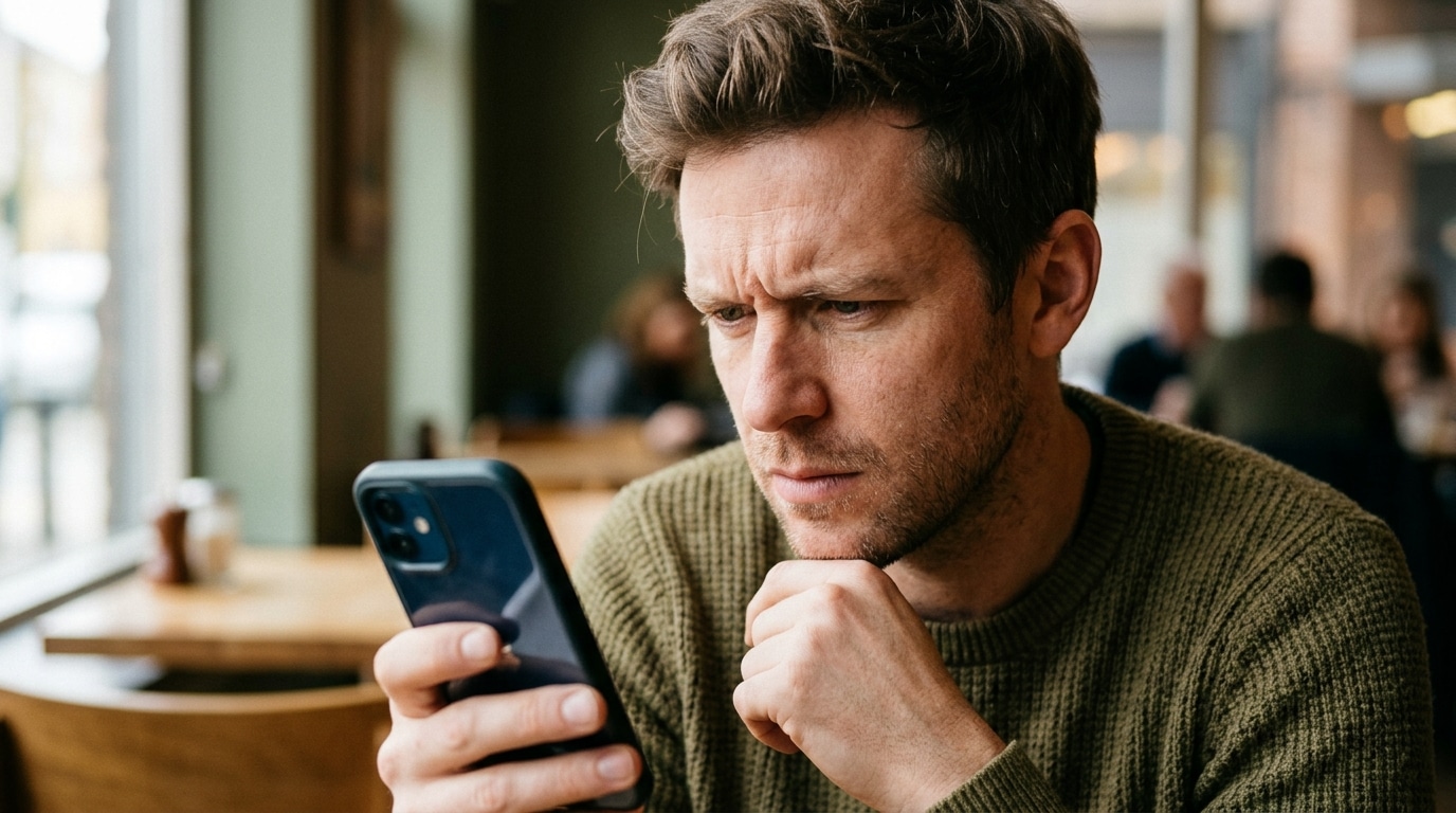 Femme méfiante regardant un message sur son smartphone