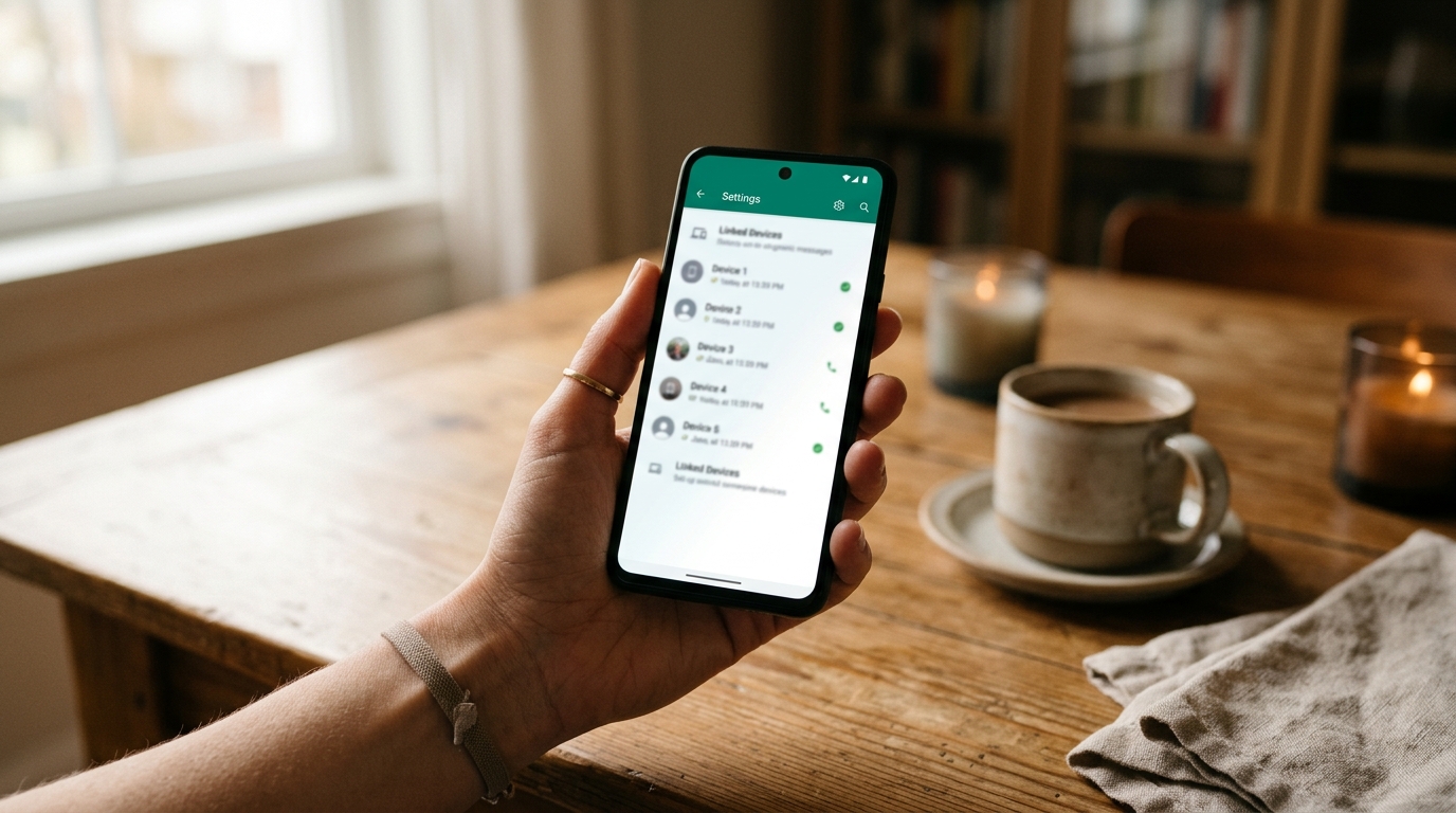 Main tenant un téléphone avec liste d'appareils connectés floue
