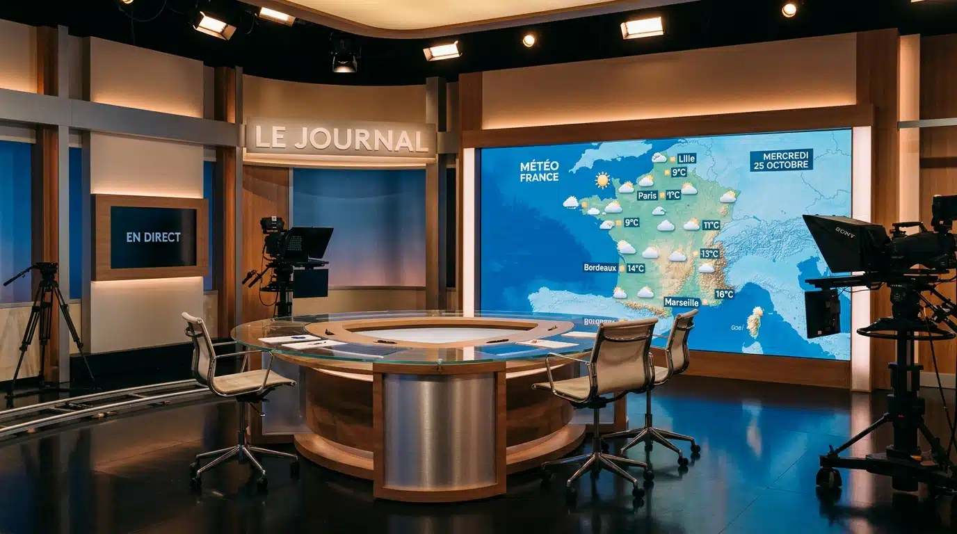 Plateau d'une émission matinale de télévision avec écran météo