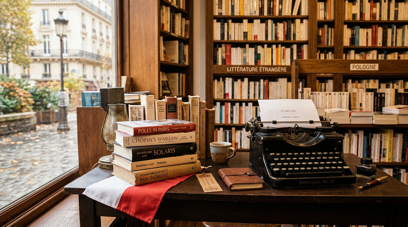 Livres exposés en librairie, dont le récit Warszawa, en lien avec les origines polonaises de l'actrice