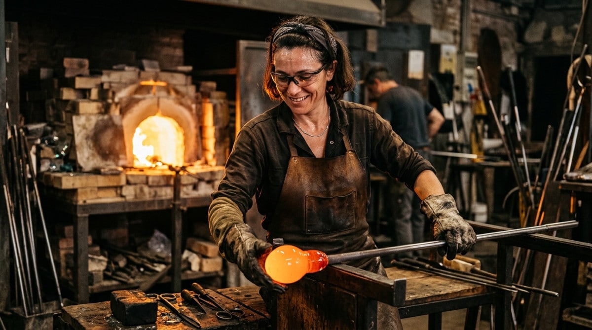 Souffleuse de verre au travail devant le four