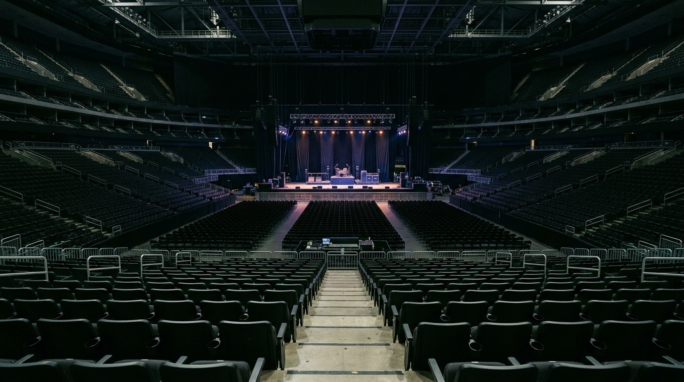 Grande salle de concert avec quelques sièges vides face à la scène
