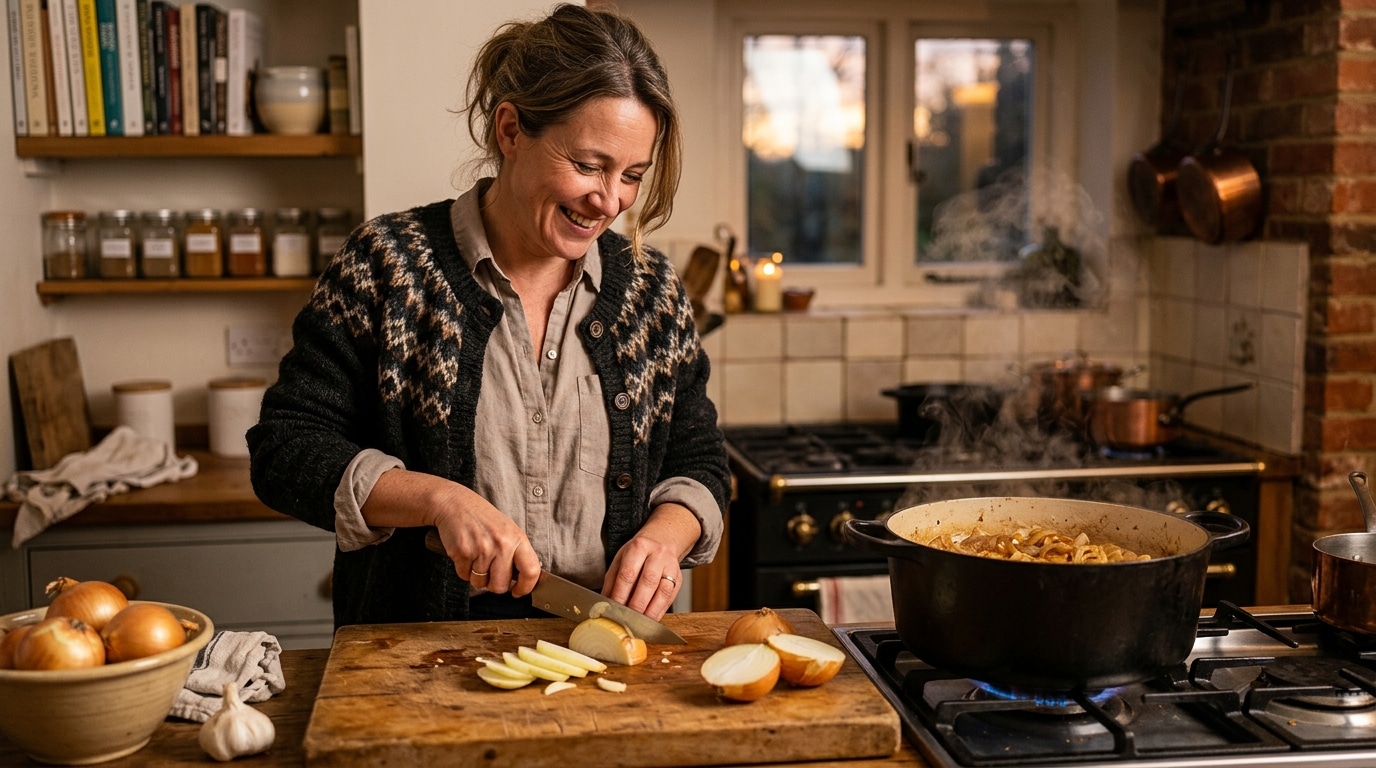 Femme émincant des oignons près d'une casserole d'oignons caramélisés