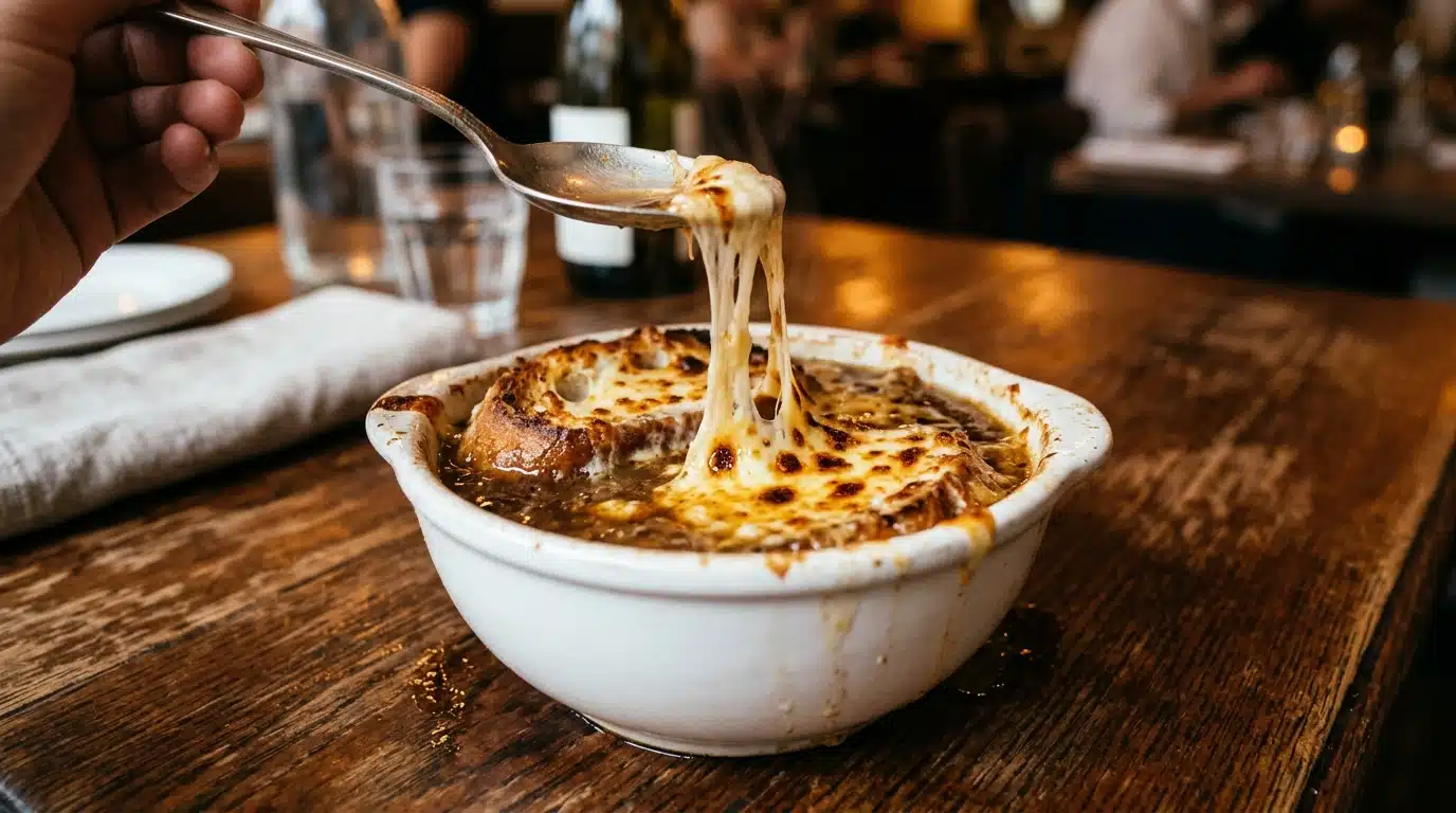Bol de soupe à l'oignon avec croûte de gruyère gratiné doré