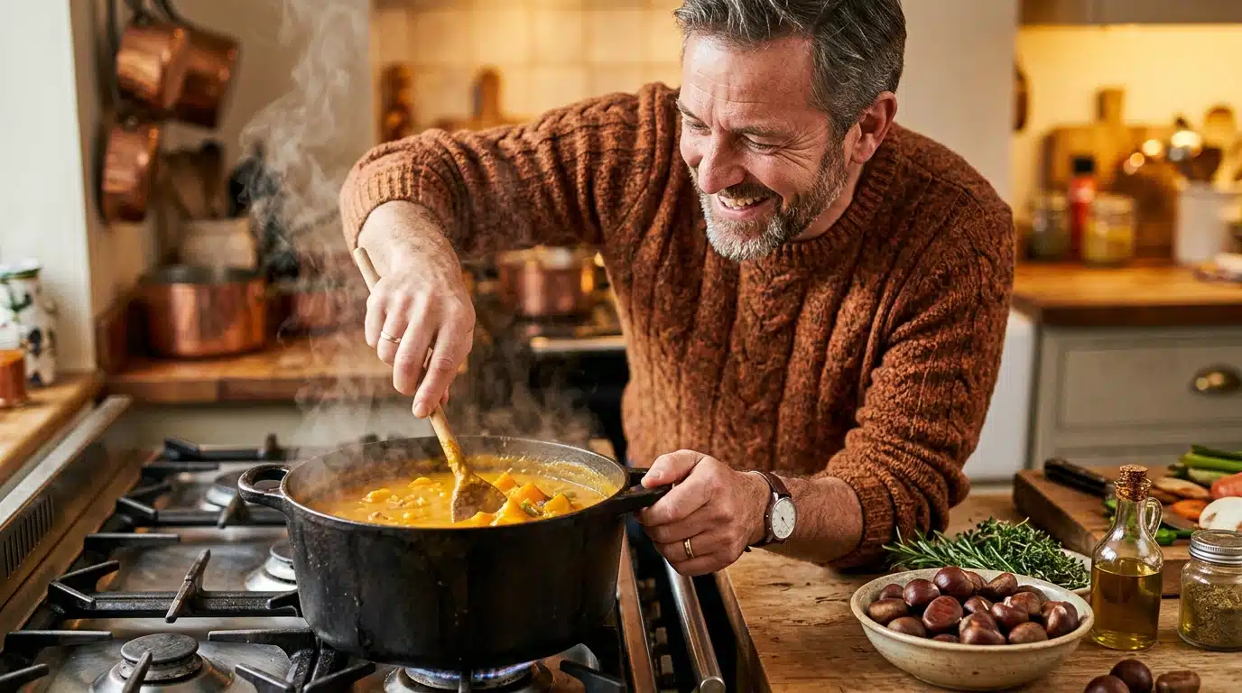 Homme remuant une soupe orange fumante dans une casserole