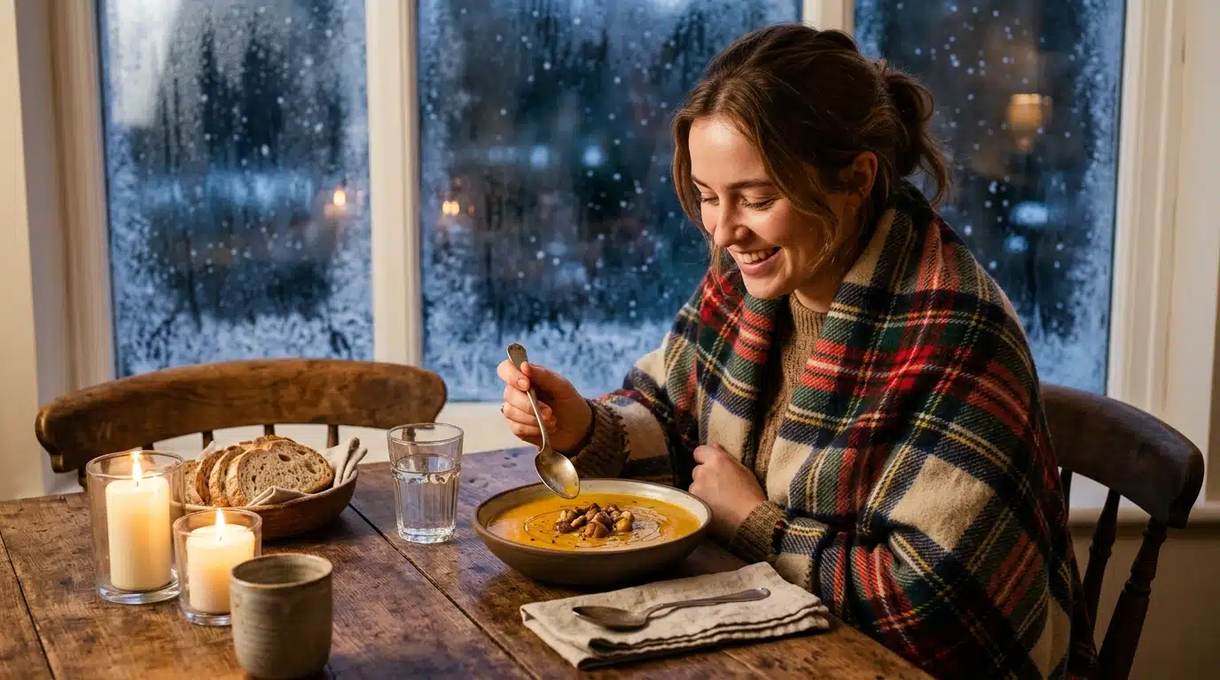 Bol de soupe de potimarron aux châtaignes émiettées