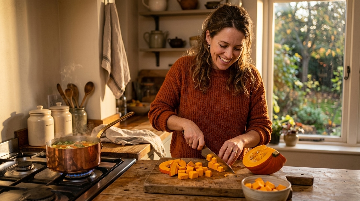 Femme découpant un potimarron dans sa cuisine