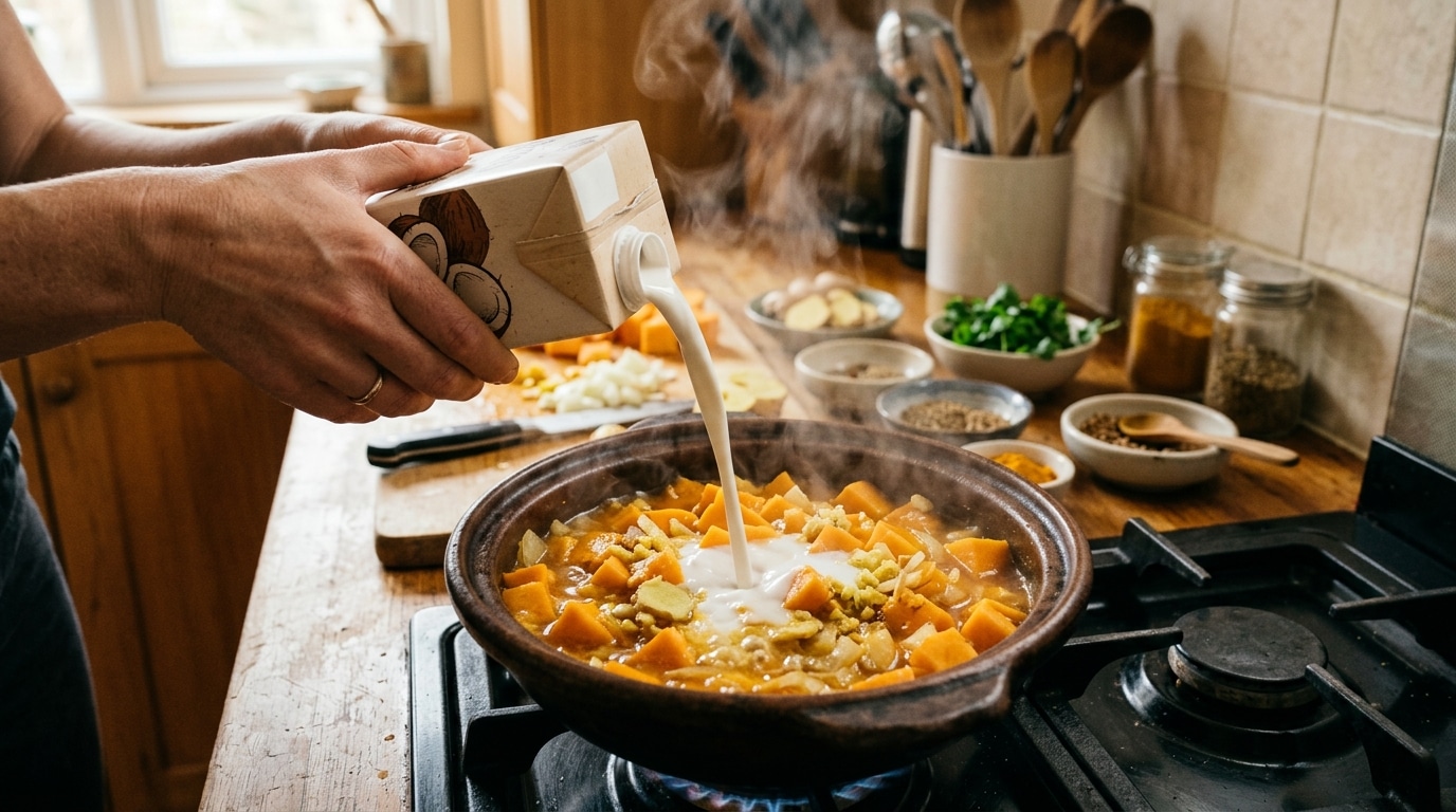 Lait de coco versé dans la casserole de potimarron