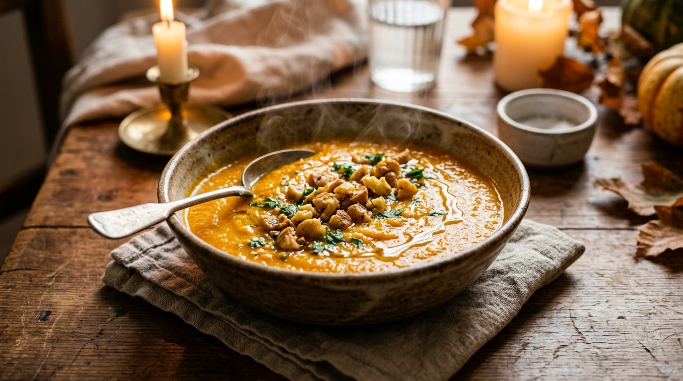 Bol de soupe de potimarron et châtaignes grillées