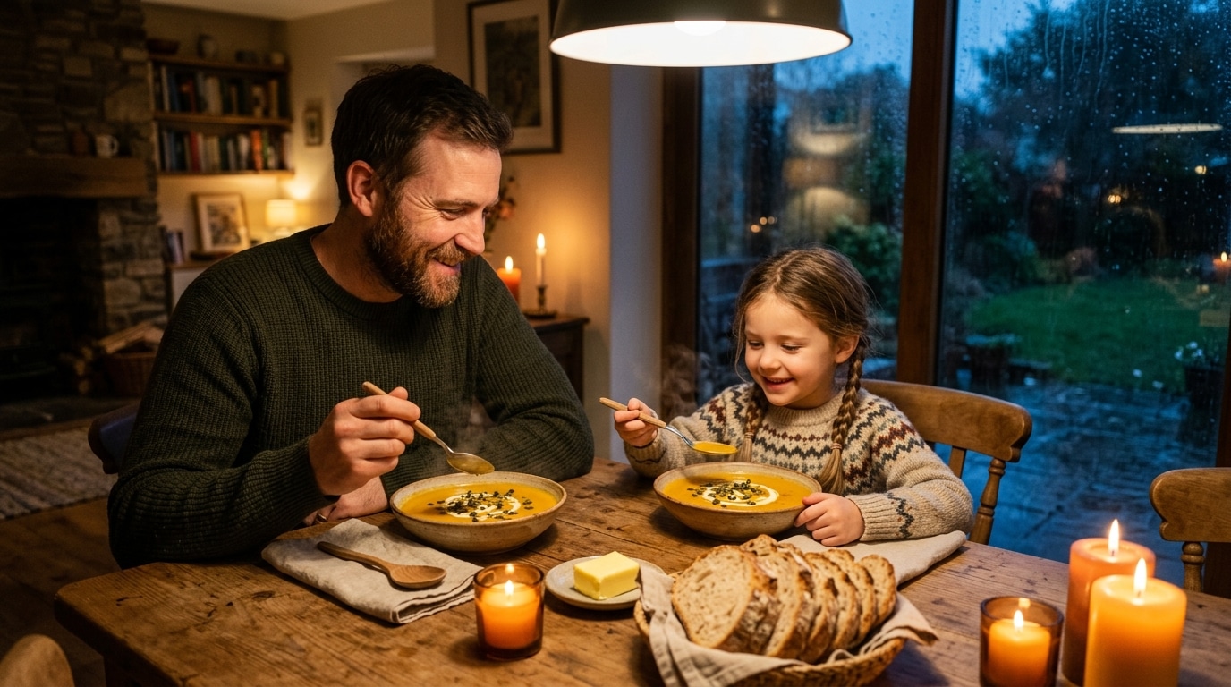 Famille dégustant une soupe chaude un soir de pluie