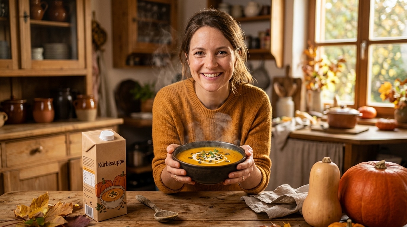 Femme dégustant une soupe de potiron dans sa cuisine