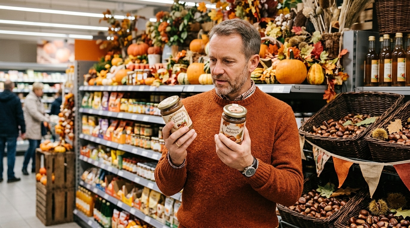 Homme comparant des pots de crème de marron en supermarché