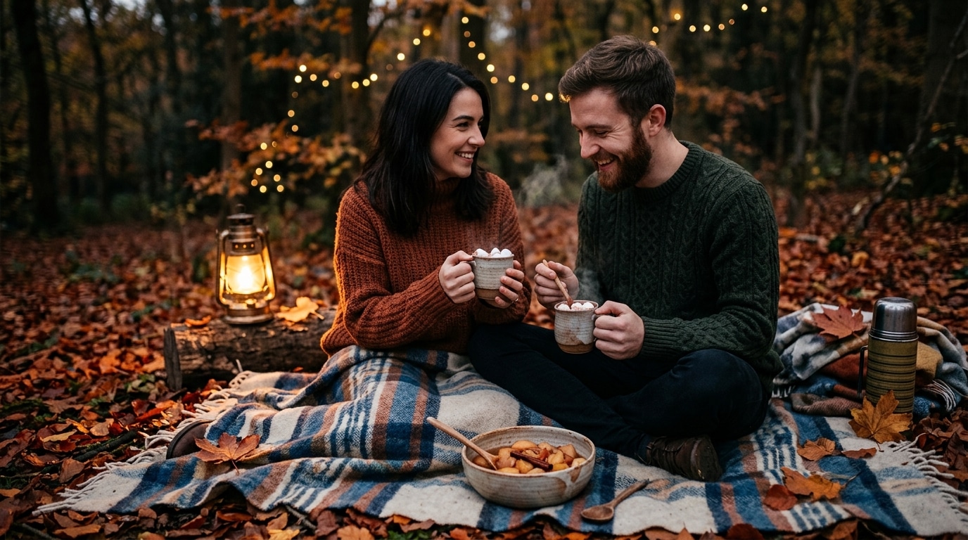 Couple partageant chocolat chaud et compote en automne