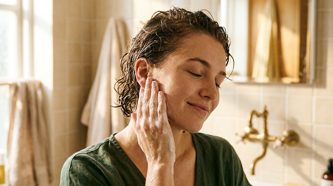 Femme se lavant derrière l'oreille avec de la mousse