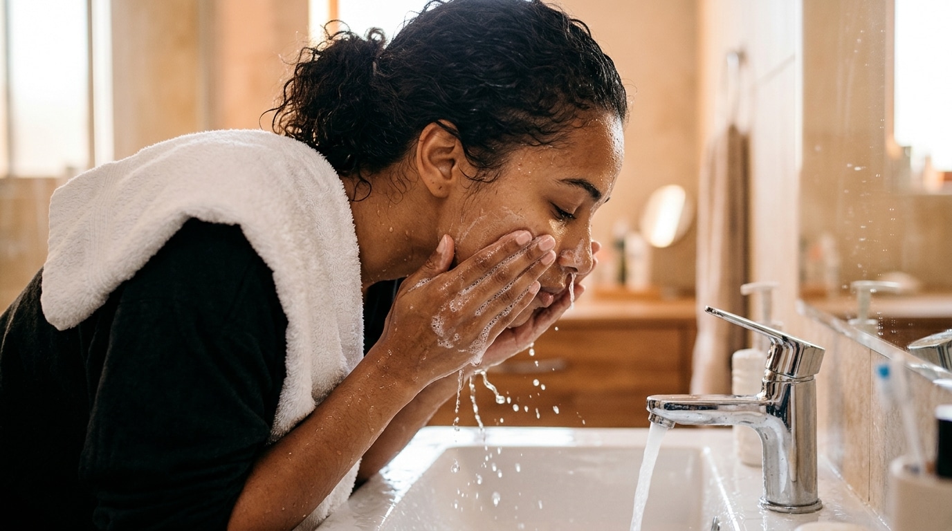 Femme rinçant le contour du nez au lavabo