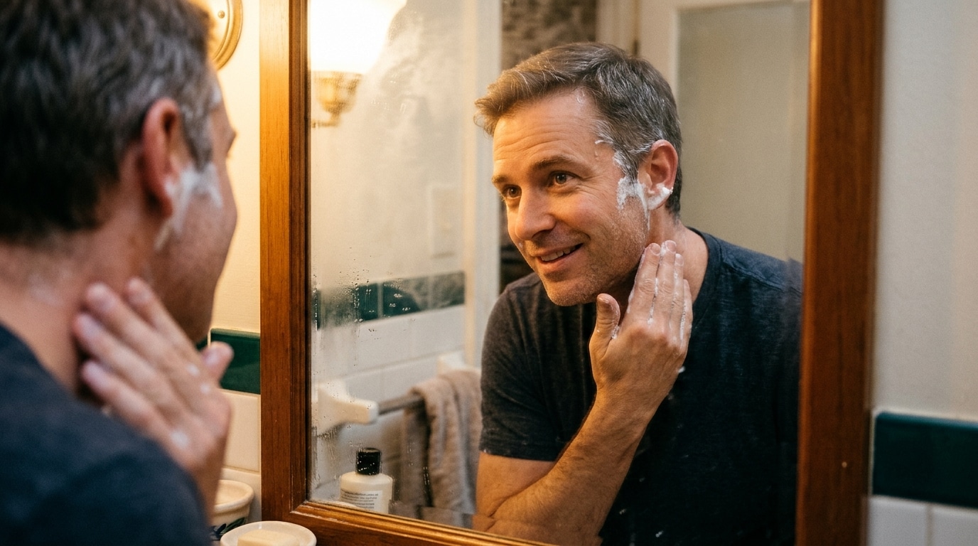 Homme nettoyant la lisière des cheveux et le cou