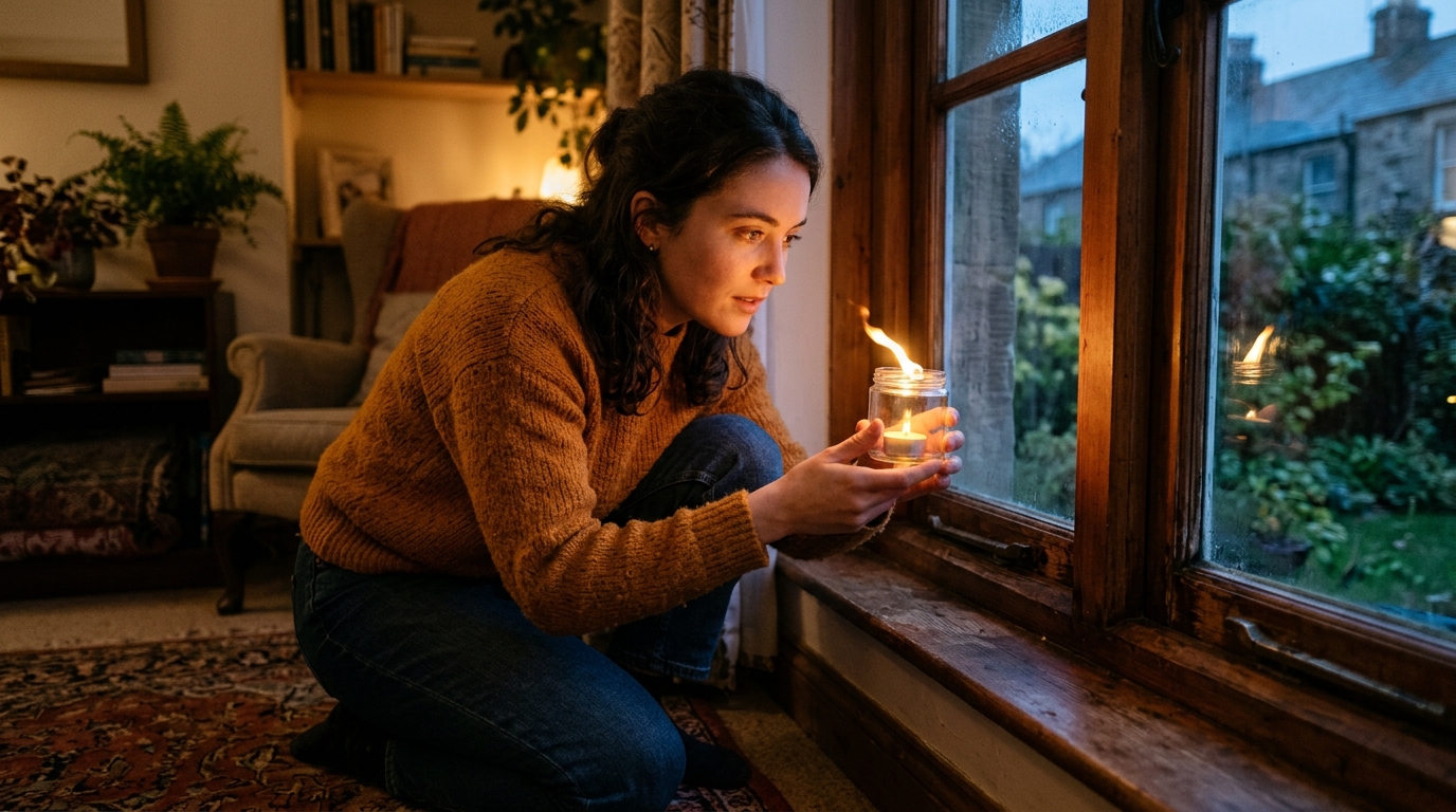 Femme testant une fuite d'air avec une bougie près d'une fenêtre