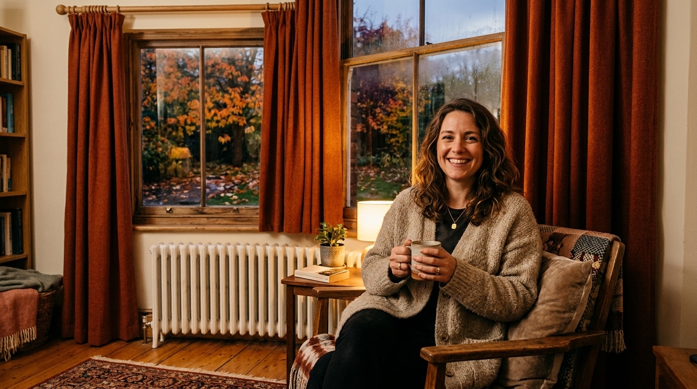Salon chaleureux avec rideaux thermiques et femme buvant une boisson chaude