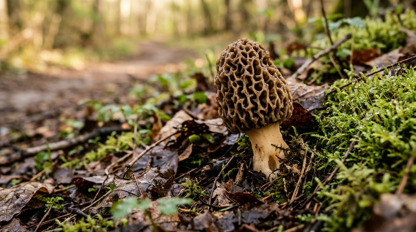 Morille alvéolée parmi les feuilles mortes au bord d'un chemin