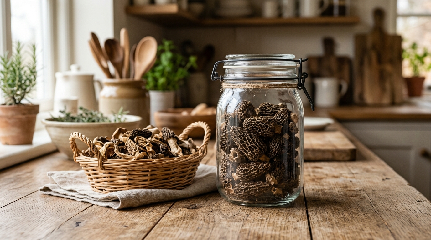 Bocal hermétique rempli de morilles séchées près d'un panier en osier