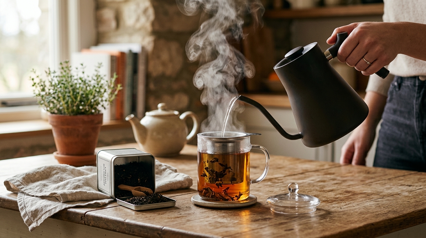 Eau chaude versée sur un infuseur à thé en vrac