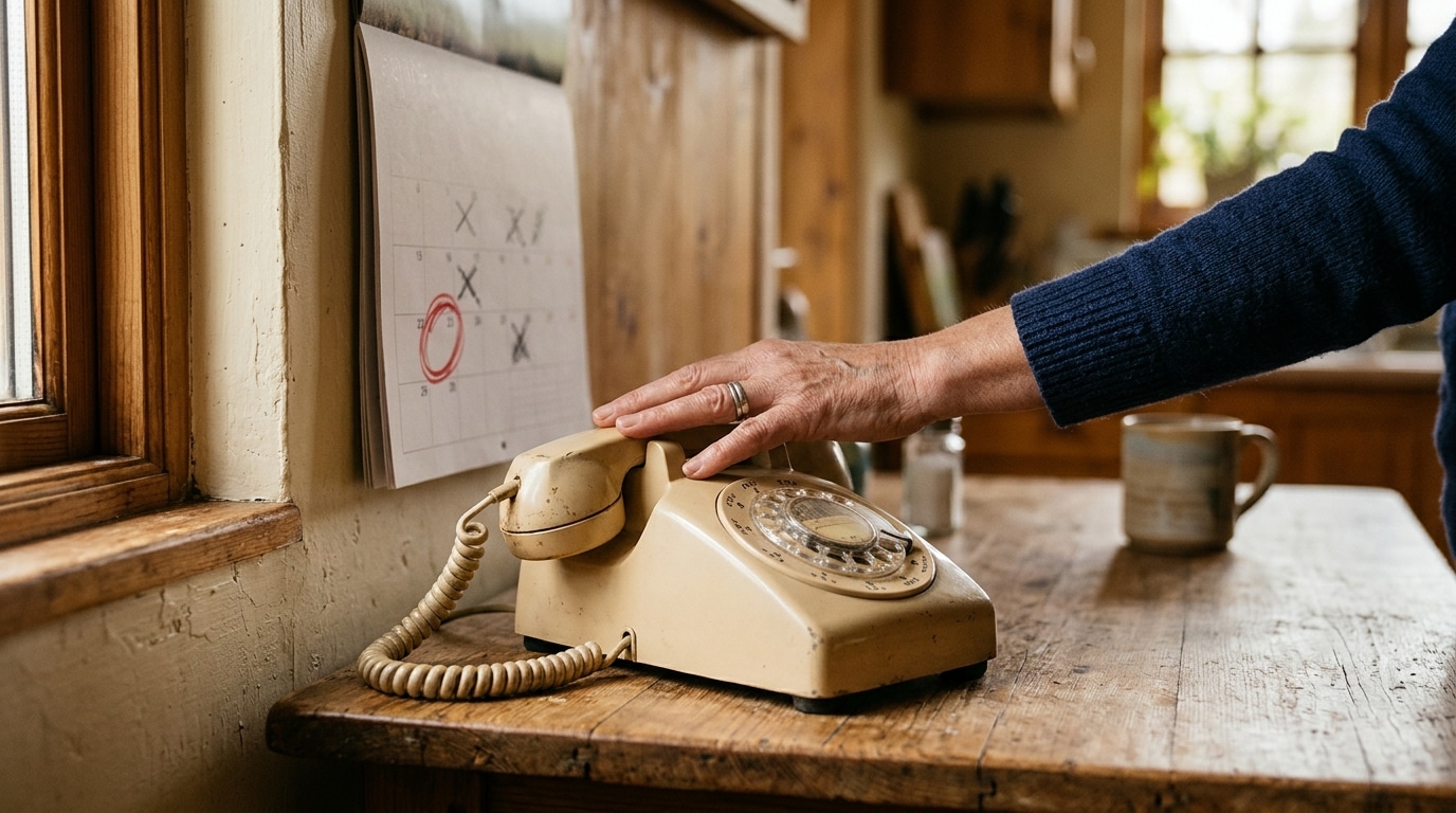 Main posée sur un téléphone fixe près d'un calendrier