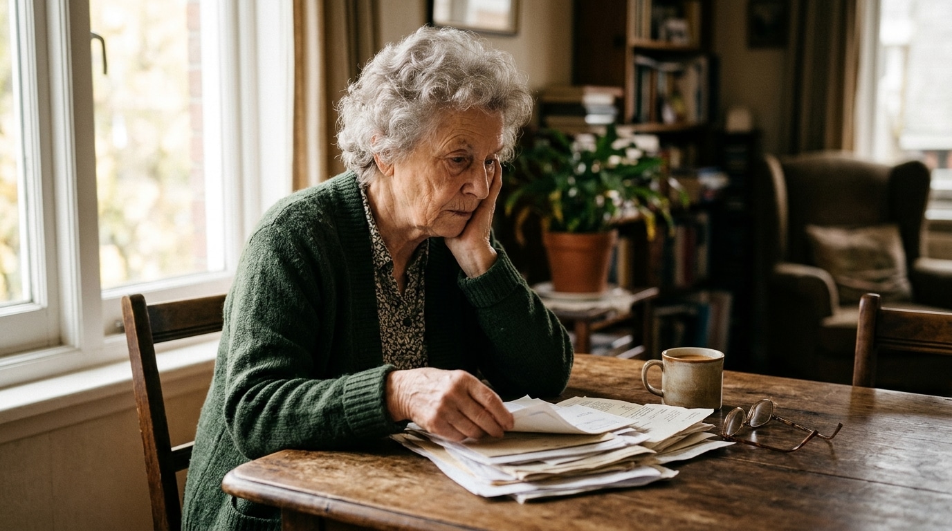 Personne âgée pensive triant des papiers à table