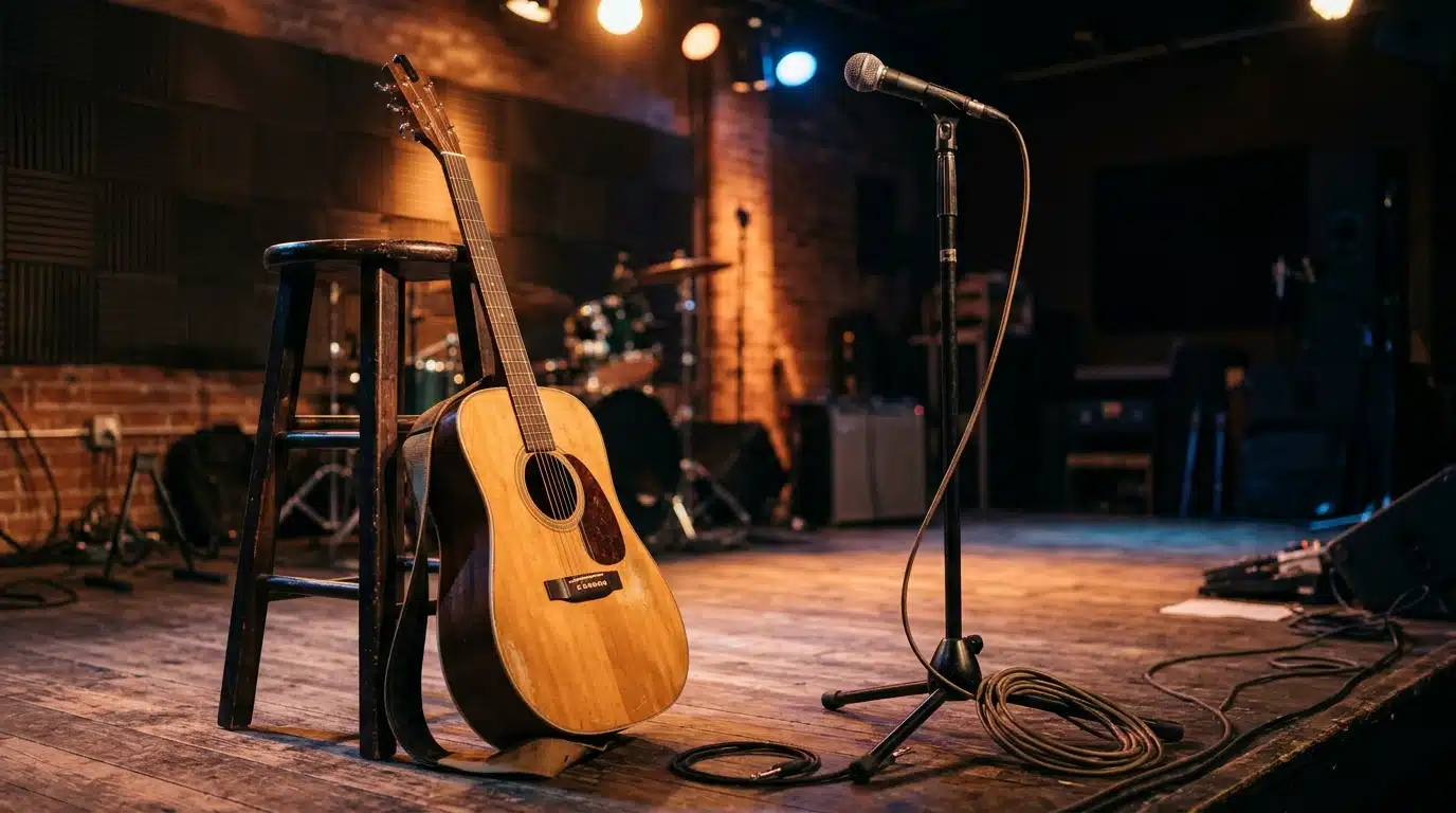 Guitare acoustique et micro dans un studio de musique