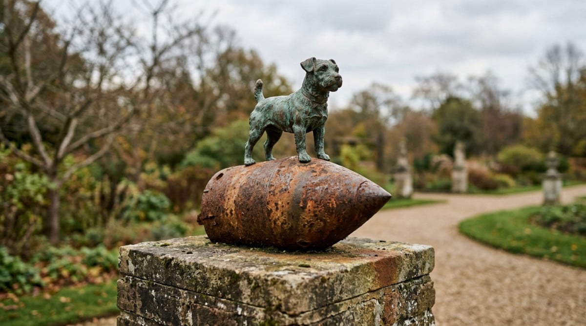 Statue en bronze patiné d'un chien sur une fusée