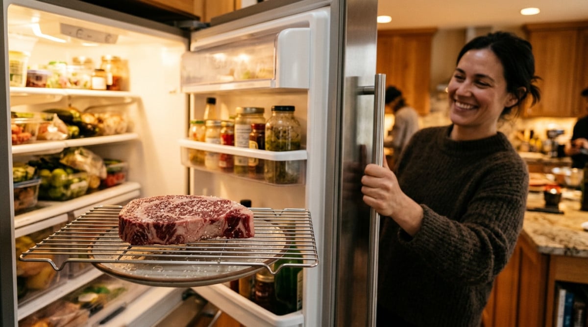 Steak salé reposant au réfrigérateur sur une grille