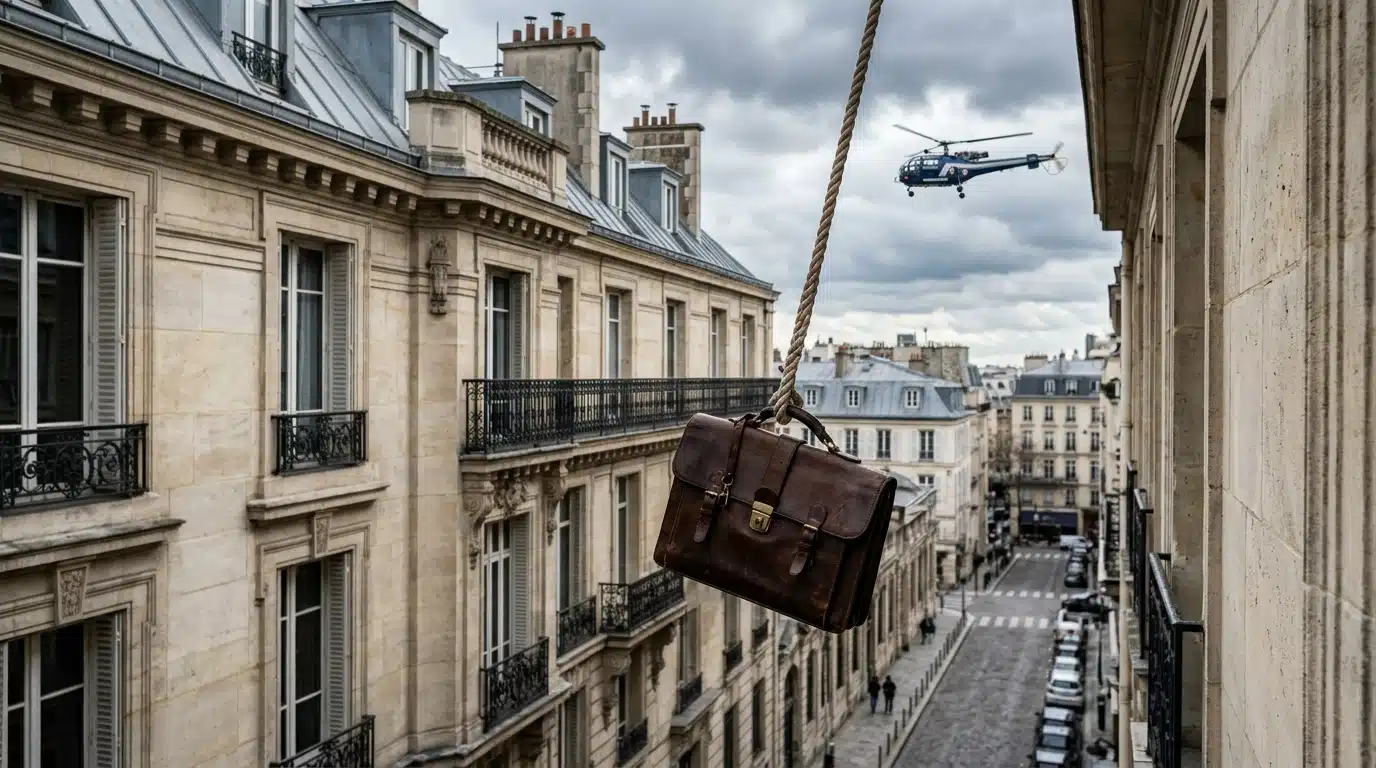 Mallette suspendue à une corde sur une façade en pierre