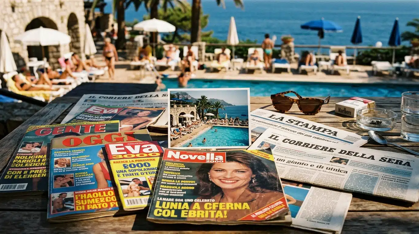 Des journaux et magazines à scandale étalés sur une table, évoquant la publication des photos dans la presse italienne en août 1996