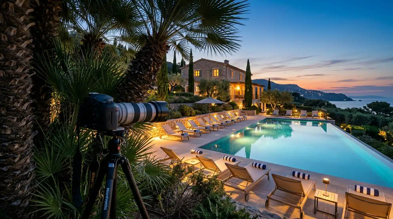 Une piscine déserte au crépuscule et un téléobjectif dissimulé derrière les palmiers, symbole du piège photographique tendu en 1996