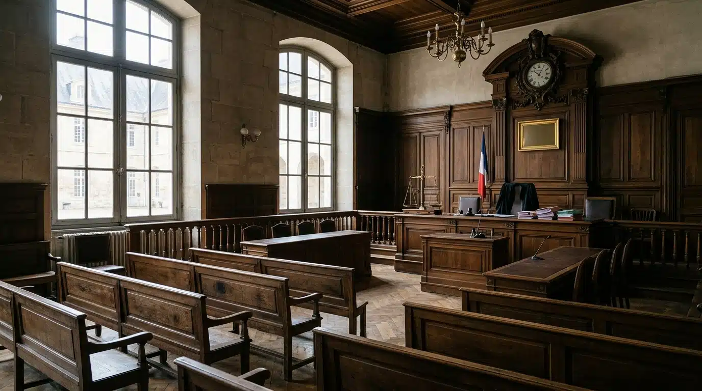 Une salle d'audience vide du tribunal, où l'affaire du coup monté a fini par être jugée