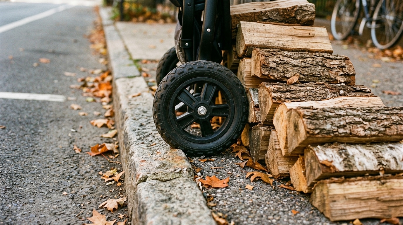 Roue de poussette contournant des bûches sur le bord du trottoir