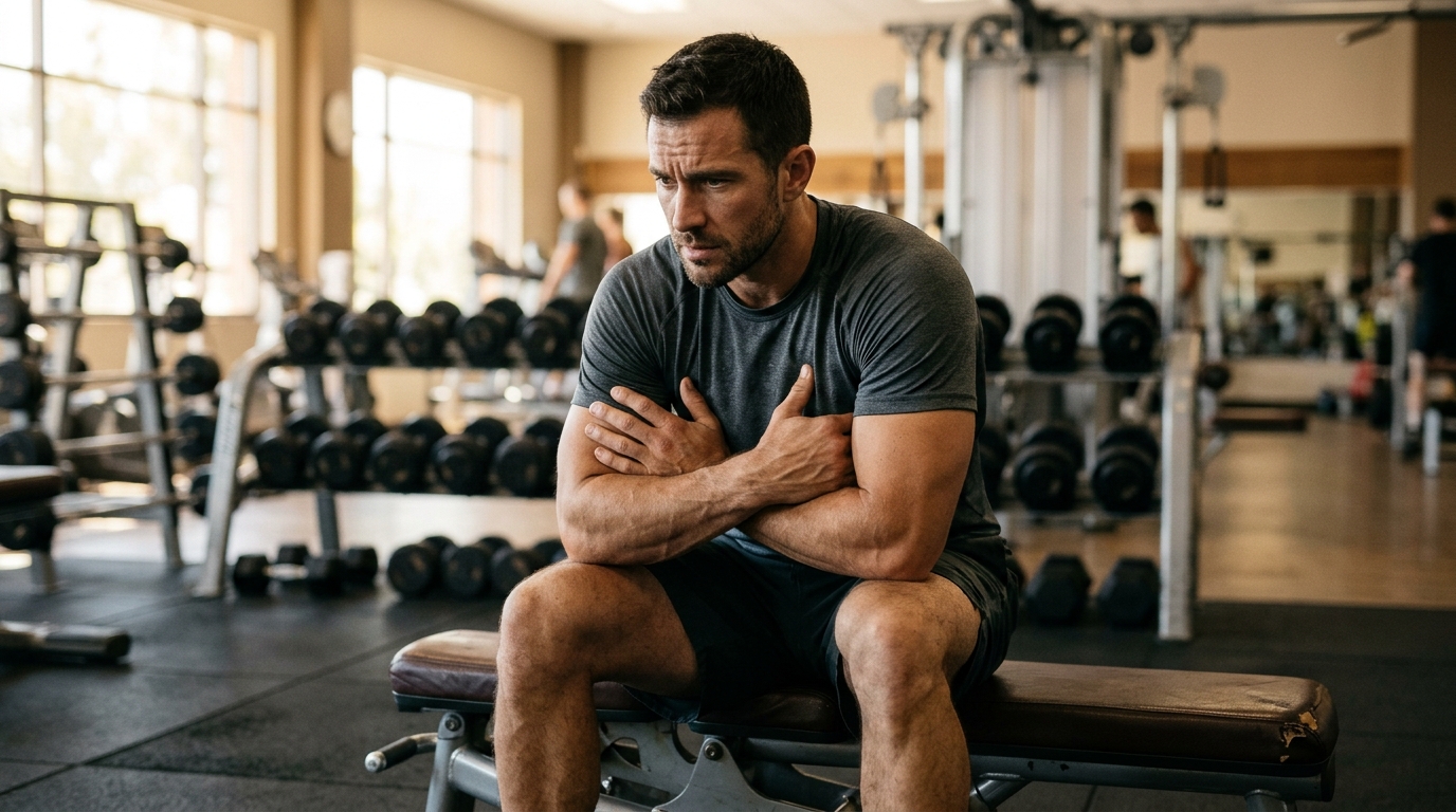 Sportif pensif assis sur un banc de salle de musculation