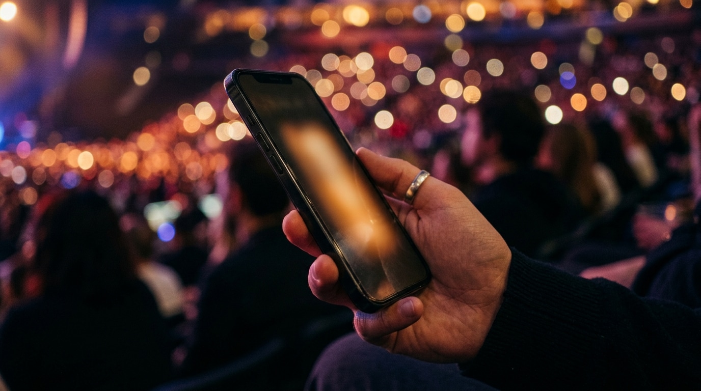 Smartphone tenu en main devant des lumières de concert floues