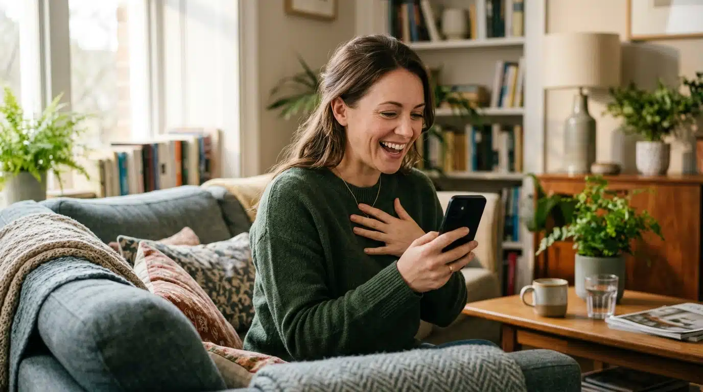 Personne soulagée sur un canapé tenant son téléphone