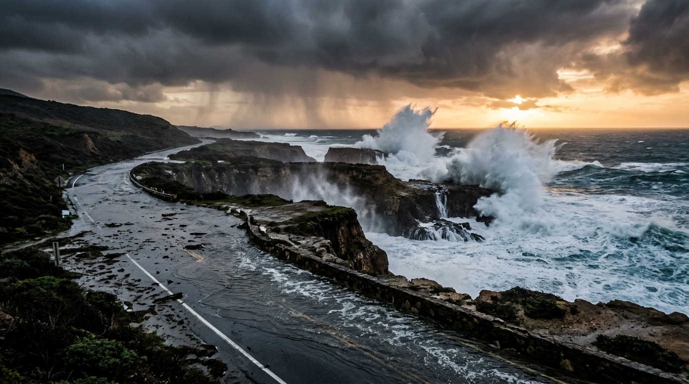 Vagues géantes et falaises érodées sous un ciel d'orage