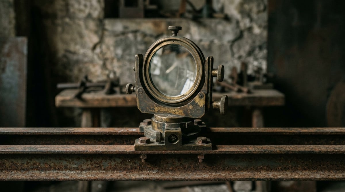 Support de miroir ancien en laiton sur un banc d'optique rouillé