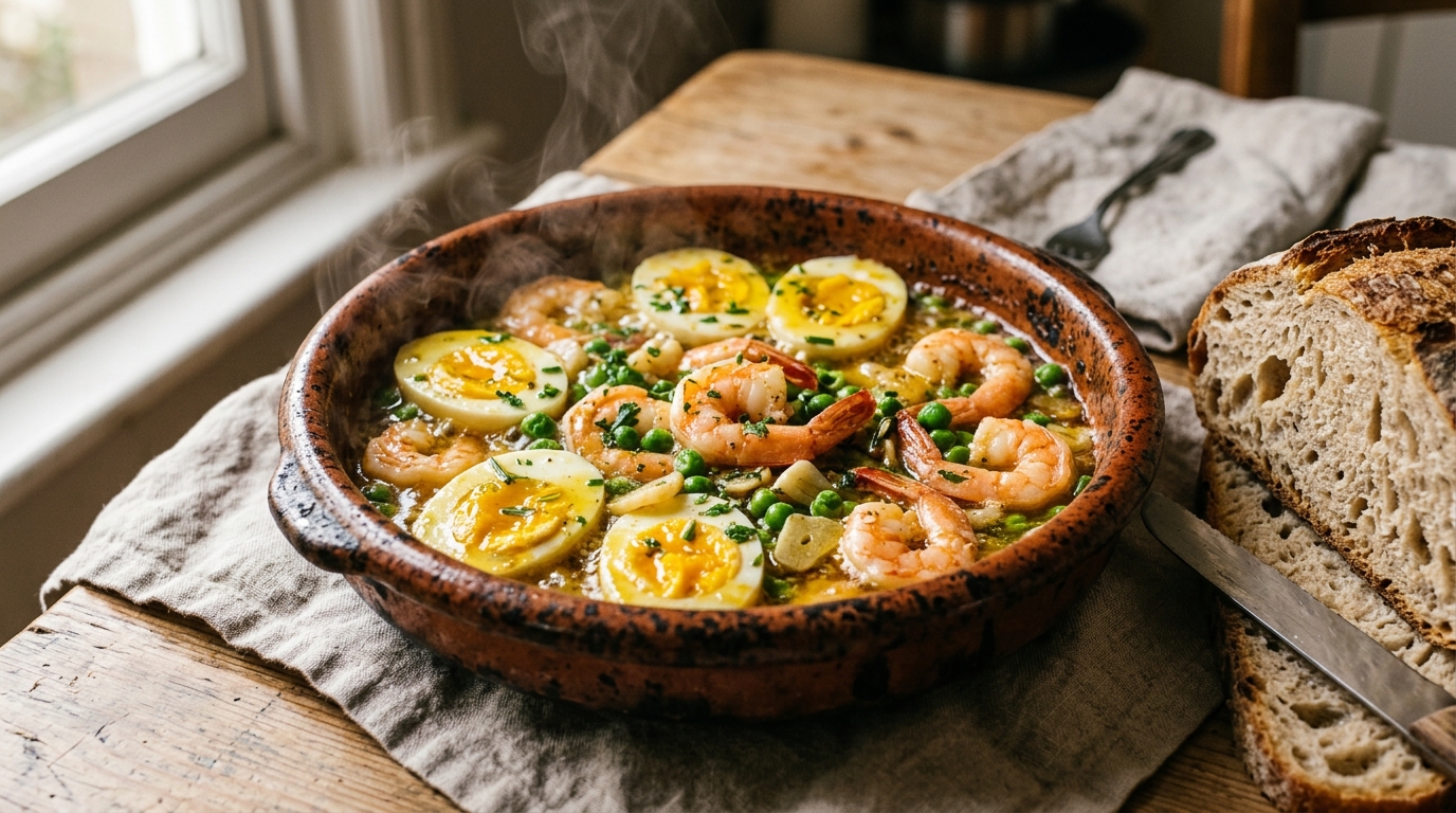 Œufs durs dans une sauce dorée aux crevettes et petits pois