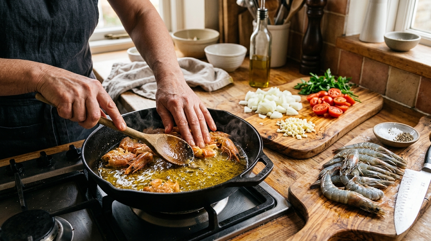 Mains écrasant des têtes de crevettes dans une poêle d'huile