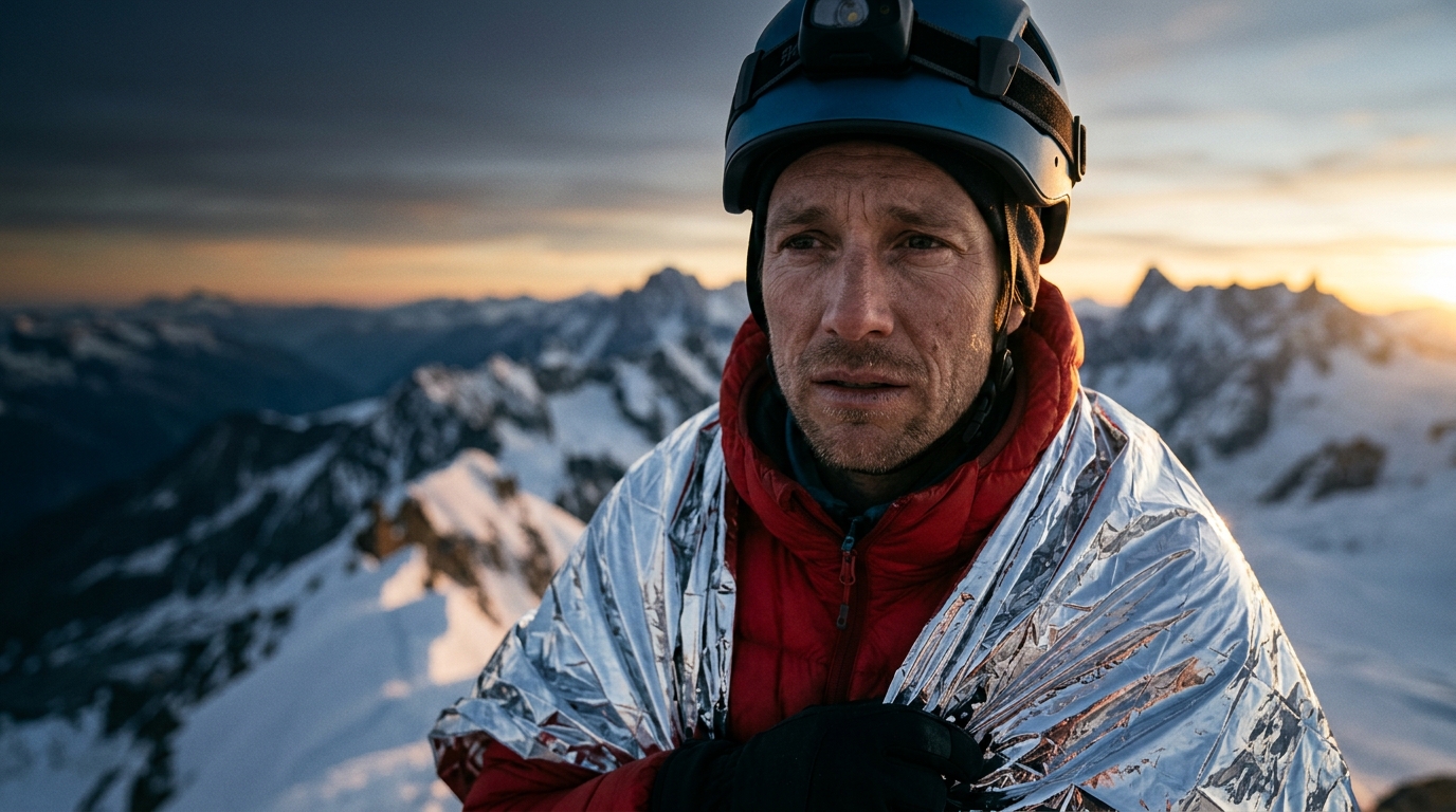 Alpiniste épuisé et soulagé sous une couverture de survie à l'aube