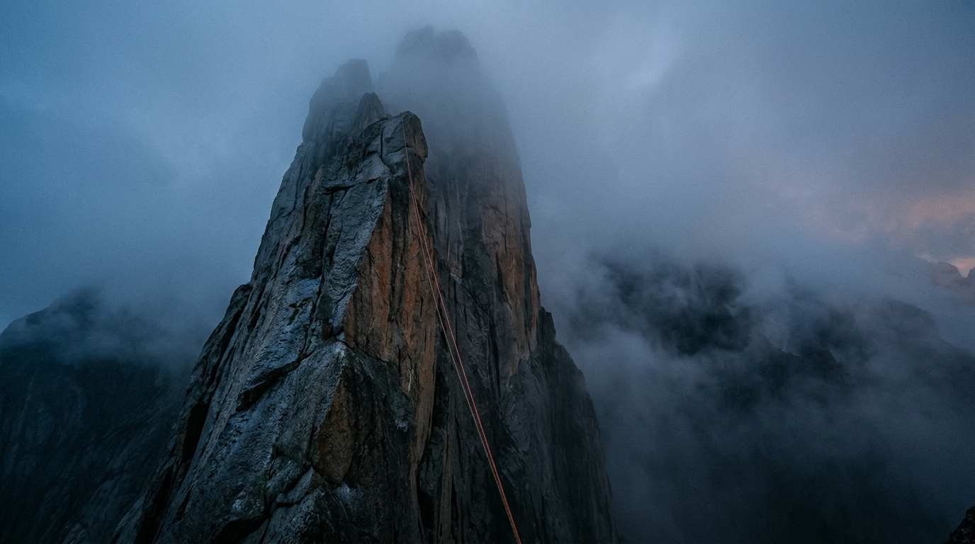 Aiguille rocheuse dans le brouillard avec une corde pendant dans le vide