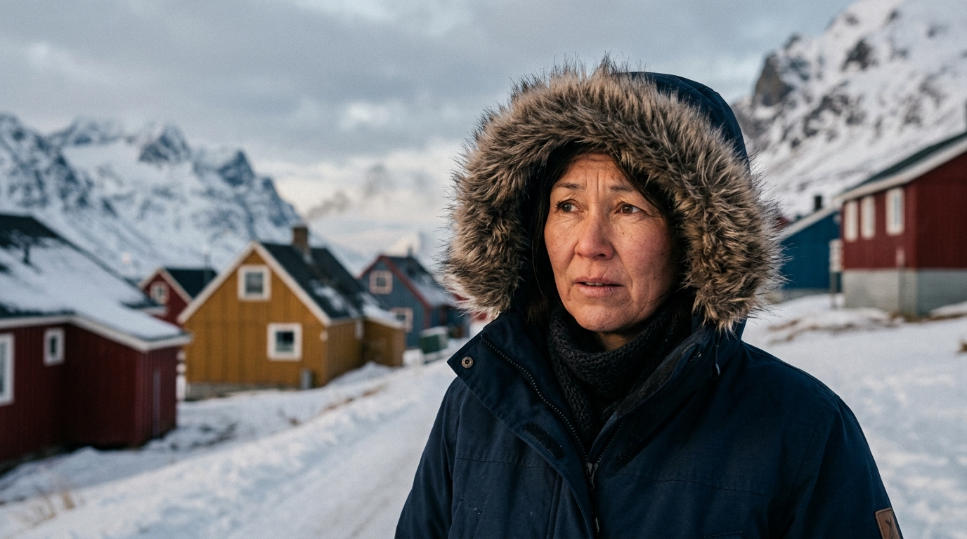 Habitant emmitouflé dans une parka devant un village arctique enneigé