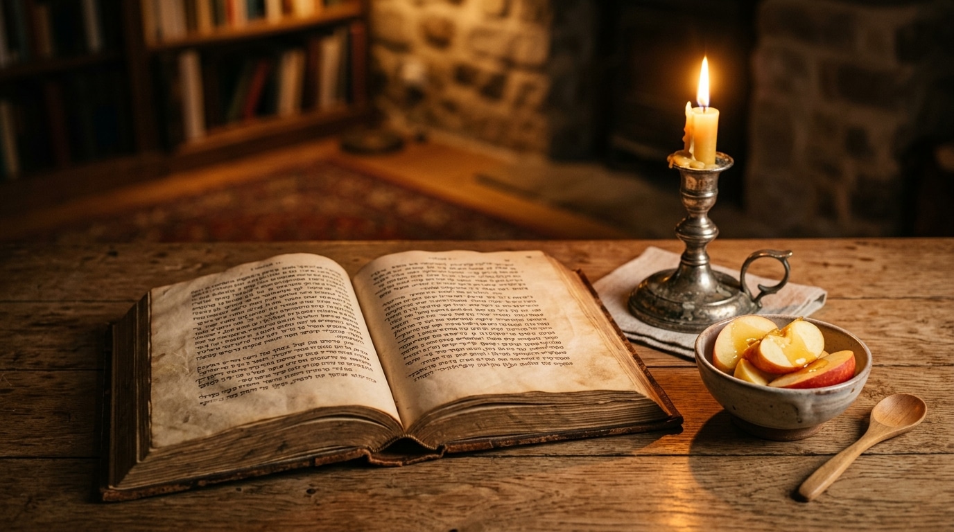 Livre ancien, bougeoir et pommes au miel sur une table