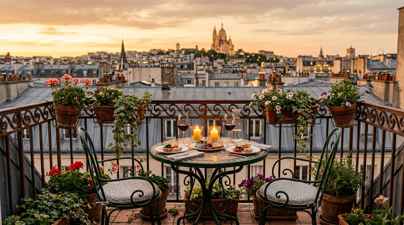 Balcon parisien au coucher du soleil avec table dressée pour deux et bougies allumées