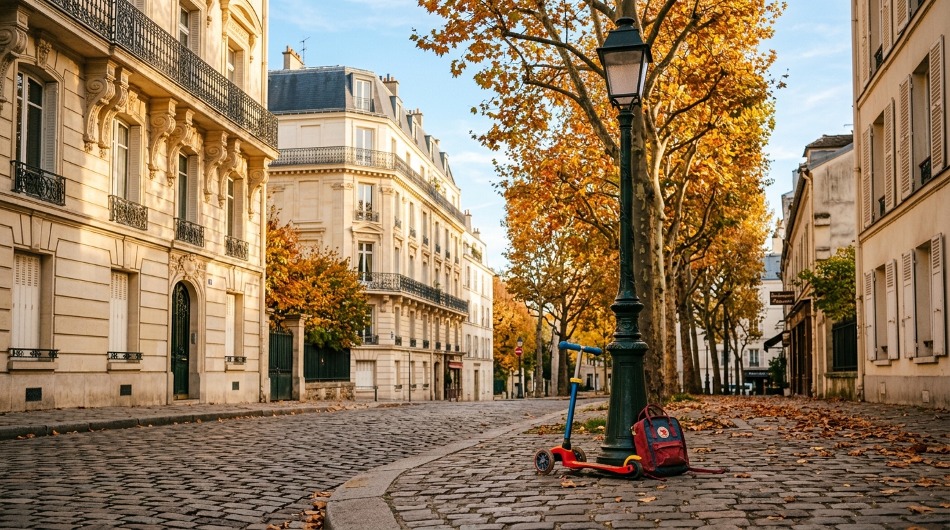 Rue ensoleillée de Paris en automne avec une trottinette d'enfant et des feuilles dorées