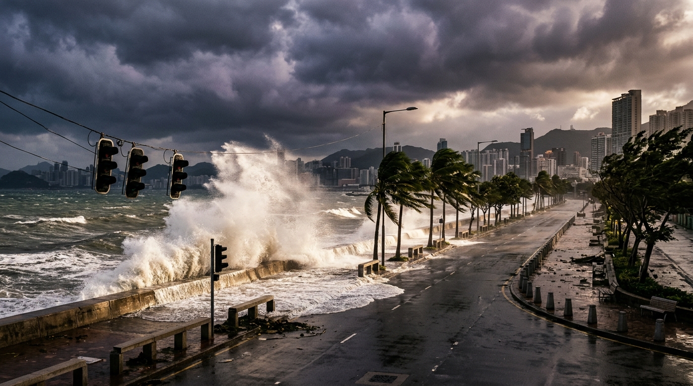 Vagues géantes contre une digue sous un ciel de tempête